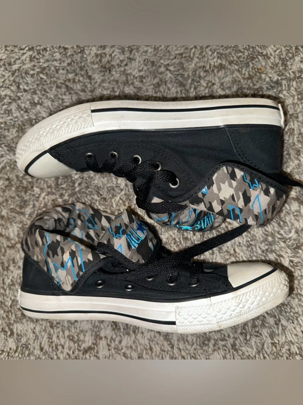 Converse Black High-Top Sneakers with Gray and Blue Camo Lining